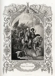 Konstantinopolin valtaaminen vuonna 1453 ottomaanien joukkojen toimesta. Kaiverrus kuvittaa Maurice Lachatre (1814-1900) Histoire des popes -teosta, librairie du progres, Pariisi.