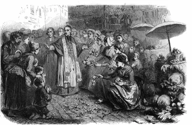 Kolera Roomassa: Paavi Gregoire XVI (1765-1846) määräsi kulkueita, rogaatioita ja siunauksia koleran marssin pysäyttämiseksi. Maurice Lachatren kaiverrus "Histoire des Papes-Rois-Queen and Empereurs a travers les centuries"
