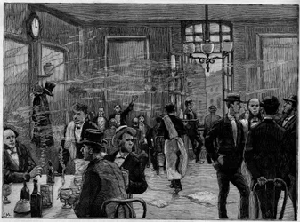 Kahvipojat laitoksessa Rue Montmartrella Pariisissa, "" Kuvitetussa maailmassa"" 1886.