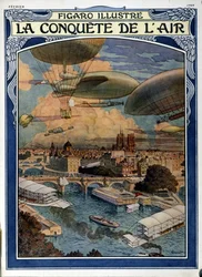 Ilman valloitus: ilmalaiva, ilmapallo ja kuumailmapallo Pariisin yllä - Figaro Illustrated -lehden kansi helmikuussa 1909.