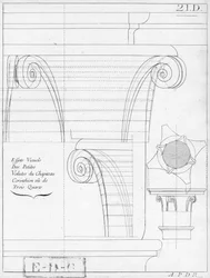Korintin pääkaupunki, kuvitus geometriakirjasta, 1700- tai 1800-luvulla, julkaisi Avec Privilege du Roy et E.. du Gouvernement