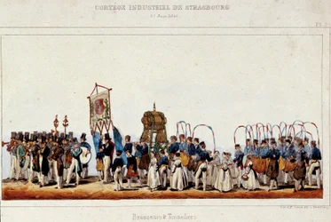 Panimoiden ja cooperien tanssi Strasbourgin teollisuuskortegen aikana 25.6.1840. Simonin litografia