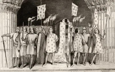 Kuollut lapsi Jean I (1316), kuolemanjälkeinen julisti kuninkaaksi hautajaisissaan Colartin "Histoire de France" -kirjasta, julkaistu n. 1840