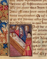 Kristuksen laskeuma hautaan, pienoiskuva Tuntien kirjasta (Poitiersin käyttö), Robinet Testardin opiskelijan kuvittama latinalainen ja ranskalainen käsikirjoitus, käsikirjoitus 1097 folio 80 verso, Ranska 1400-luvun loppu.