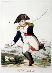 Karkuri: braves francais, jatkakaa puolestani"" - teoksessa "Napoleon I", karikatyyrejä, nukkekokoelma, n. 1814-1815.