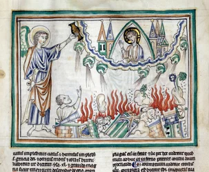 Babylonin miniatyyrin tuho, joka on otettu 1200-luvun ranskalaisen koulukunnan valaisemasta "Cambrain apokalypsista". Ms. 422. Municipal Library, Cambrai