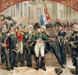 Napoleon Bonaparten (1769-1821) jäähyväiset keisarillinen kaarti Cheval Blancin pihalla Fontainebleaun linnassa 20.4.1814. 1800-luvun lopun kromolitografia