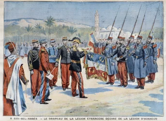 Sidi-Bel-Abbesissa koristeltu muukalaislegioonan lippu - "" Le Petit Parisien" -kirjassa 29.4.1906