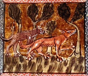 Kettu ja susi, kuvitus Roman de Renart (Kettujen romaani) -nimisestä käsikirjoituksesta, noin 1200-luku