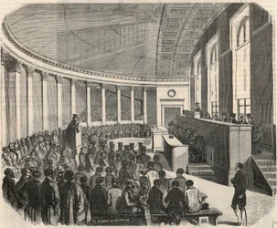 Suuri amfiteatteri kilpailun aikana Pariisin oikeustieteellisessä tiedekunnassa - Edmond Texierin kaiverrus Tableau-de-Parisissa 1852
