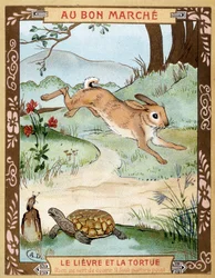Jänis ja kilpikonna (Fable de La Fontaine) - Bon Marché -mainostarra, 1800-luvun loppu