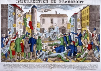 Saksan valaliiton pääkaupungin Frankfurtin kapina 3. huhtikuuta 1833. Kuva Epinalista