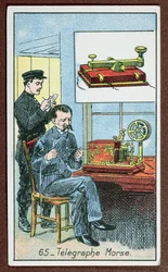 Morsekoodilla varustetun lennätyksen keksintö, numero 65 suuria keksintöjä kuvaavien korttien sarjassa, n. 1910