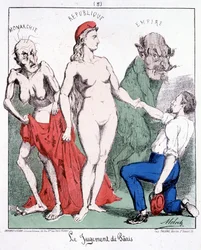Pariksen tuomio: Monarkia - Tasavalta - Imperiumi (yhteisö valitsee tasavallan). Sarjakuva kommuunista.