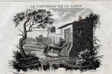 Lapsi ja susi. Fable of Esope. (Kreikkalainen kirjailija Esopo tai Ecopus, 6. vuosisata eKr.) Kirjoittanut Guillaume Montfort ja Gravees Beauble vuonna 1801.