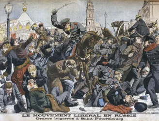 Liberaaliliike Venäjällä, väkivaltaiset tappelut Pietarissa, kuvitus Le Petit Journalista: Supplement illustre, 25. joulukuuta 1904
