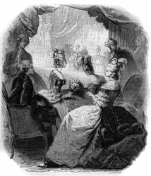 Dauphine Marie Antoinetten (1755-1793) loosi Christoph Willibald Gluckin oopperan "Iphigenie en Aulide" (1714-1787) esityksen aikana vuonna 1774. Kaiverrus vuodelta 1856.