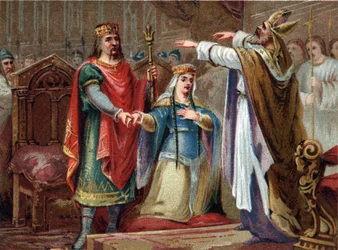 Francin kuninkaan Clovisin (481-511) avioliitto Clothilden kanssa vuonna 493. Kromolitografia 1800-luvun lopulla.