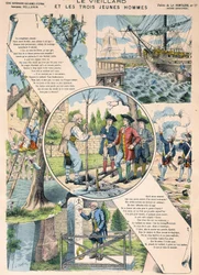 Vanha mies ja kolme nuorta miestä - Fables de La Fontaine Epinalin kuvissa