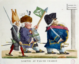 Lähtö latausvaiheessa. Sarjakuva, joka esittää miehiä ylittämässä hyvien miesten muurin palautuksen aikana (1823). Kaiverrus vuodelta 1823. Paris, Musee Carnavalet