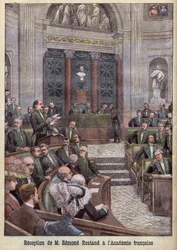 Runoilija ja näytelmäkirjailija Edmond Rostand vastaanotetaan Academy Francaiseen "Le Petit Journal" -lehdessä.