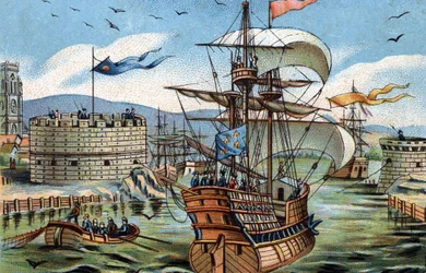 Le Havren satama vuonna 1520. Kromolitografia noin 1890.