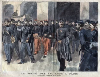 Postimiehet lakkoivat: sotilaita ja kunnallisia vartijoita syytetään kirjeiden jakelusta Pariisissa. Kaiverrus vuodelta 1899 kirjassa "" La petite Gironde""