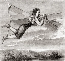 Ranskalaisen lukkosepän Jacob Besnierin väitetty lento itse suunnittelemansa lentolaitteen avulla vuonna 1678, julkaisusta "Les Merveilles de la Science", julkaistu noin vuonna 1870 (litografia).
