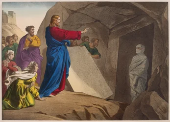Lasaruksen herättäminen, kuvitus katekismuksesta LHistoire Sainte, julkaisija Charles Delagrave, Pariisi, 1800-luvun loppu