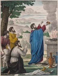 Elian ja Baalin pappien kilpailevat uhrit, kuvitus katekismuksesta LHistoire Sainte, julkaissut Charles Delagrave, Pariisi, 1800-luvun lopulla