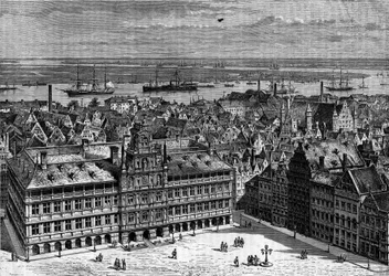 Scheldt-joki nähtynä Antwerpenin satamasta, Belgiasta. Kaiverrus "Le Journal de la jeunesse"