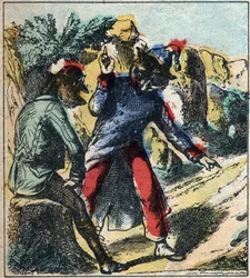 Sairas leijona ja kettu. Jean de La Fontainen (1621-95) sadut. Epinaalikuvaus 1800-luvun lopulta.