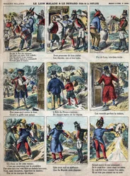 Sairas leijona ja kettu. Jean de La Fontainen (1621-95) sadut. Epinaalikuvaus 1800-luvun lopulta.