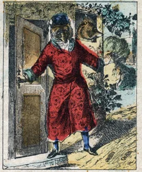 Sairas leijona ja kettu. Jean de La Fontainen (1621-95) sadut. Epinaalikuvaus 1800-luvun lopulta.