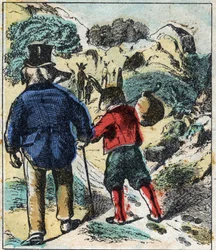 Sairas leijona ja kettu. Jean de La Fontainen (1621-95) sadut. Epinaalikuvaus 1800-luvun lopulta.