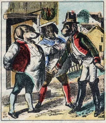 Sairas leijona ja kettu. Jean de La Fontainen (1621-95) sadut. Epinaalikuvaus 1800-luvun lopulta.