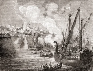 Konstantinopolin piiritys vuonna 1453 ottomaanisulttaani Mehmed II:n toimesta, julkaisusta Les Merveilles de la Science, noin 1870 (kaiverrus).