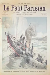Venäjän lippulaivan Petropavlovsk uppoaminen 13. huhtikuuta 1904, kansikuva Le Petit Parisienista, 1. toukokuuta 1904