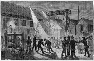 1800-luvun lopussa sähkövalolla valaistu asema "" Kappeli" - Kaiverrus "Kaikkien saatavilla olevat tieteet - suosittu fysiikka ja kemia" Alexis Clerc. 1800-luvun loppu. Yksityinen kokoelma.