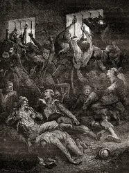 Englantilaisten vankien kärsimys ja kuolema huonon ilmanvaihdon vuoksi Kalkutan mustassa aukossa, pienessä tyrmässä vanhassa Fort Williamissa Kalkutassa Intiassa, missä Bengalin nawabin Siraj ud-Daulahin joukot pitivät brittiläisiä sotavankeja c:n jälkeen