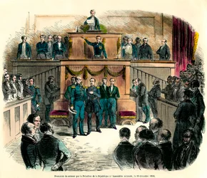 Louis Napoleon III:n (Louis-Napoleonin) virkavalan vannominen. Hänet julistettiin virallisesti tasavallan presidentiksi kansalliskokouksessa 20. joulukuuta 1848. Hän vannoo ”pysyvänsä uskollisena yhdelle ja jakamattomalle demokraattiselle tasavallalle ja