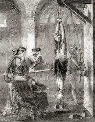 Noituudesta syytetyn naisen kidutus keskiajalla, teoksesta Les Merveilles de la Science, julkaistu noin 1870