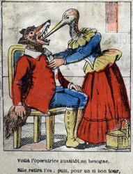 Susi ja haikara. Jean de La Fontainen (1621-95) sadut. Epinaalikuvaus 1800-luvun lopulta.