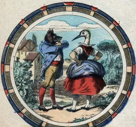 Susi ja haikara. Jean de La Fontainen (1621-95) sadut. Epinaalikuvaus 1800-luvun lopulta.