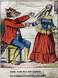 Susi ja haikara. Jean de La Fontainen (1621-95) sadut. Epinaalikuvaus 1800-luvun lopulta.