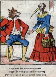 Susi ja haikara. Jean de La Fontainen (1621-95) sadut. Epinaalikuvaus 1800-luvun lopulta.