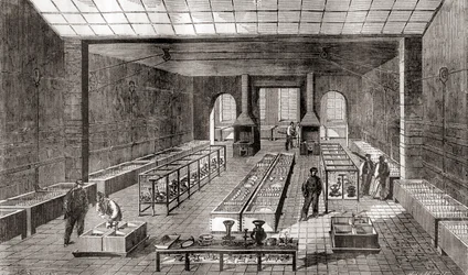 Kemiallisia kylpyjä sisältävä työpaja Charles Christoflen galvanointitehtaalla Pariisissa, Ranskassa vuonna 1867, Les Merveilles de la Science -julkaisusta, julkaistu noin 1870 (kaiverrus)