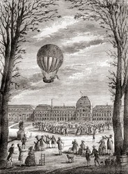 Maailman ensimmäinen miehitetty vetypallolento Champs de Marsin yllä Pariisissa, Ranskassa 1. joulukuuta 1783 Nicolas-Louis Robertin ja professori Jacques Charlesin ohjaamana, Les Merveilles de la Science, julkaistu noin vuonna 1870 (kaiverrus).