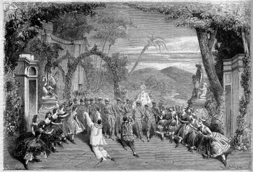 Teatteriesitys: Lambert Thiboustin (1826-1867), Alfred Delacourin (1815-1883) ja Clairvillen (1811-1879) Les Dances nationalles de la Francen viimeinen kohtaus II. Pariisi, Theater des Varietes