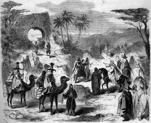 Teatteriesitys: karavaani, Victor Sejourin (1816? -1874) "Syyrian joukkomurhien" ensimmäisen näytöksen kohtaus. Pariisi, Theatre Imperial du Cirque